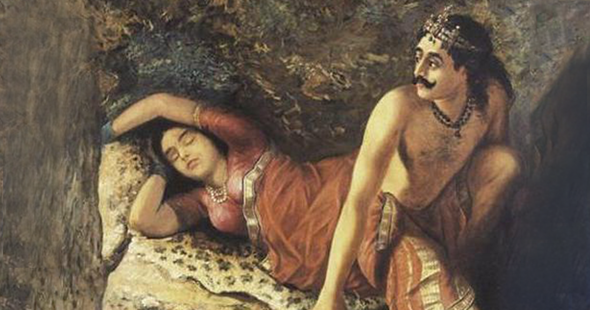 Image of sleeping Damyanti in the jungle and Nal sitting there
